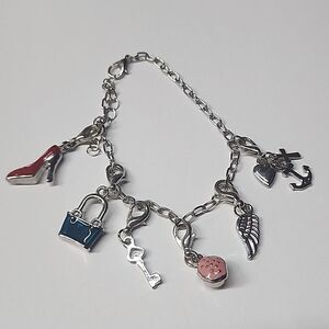 Womens Silver Tone Charm Bracelet Cupcake High Heel Purse Key Angel Wing Anchor